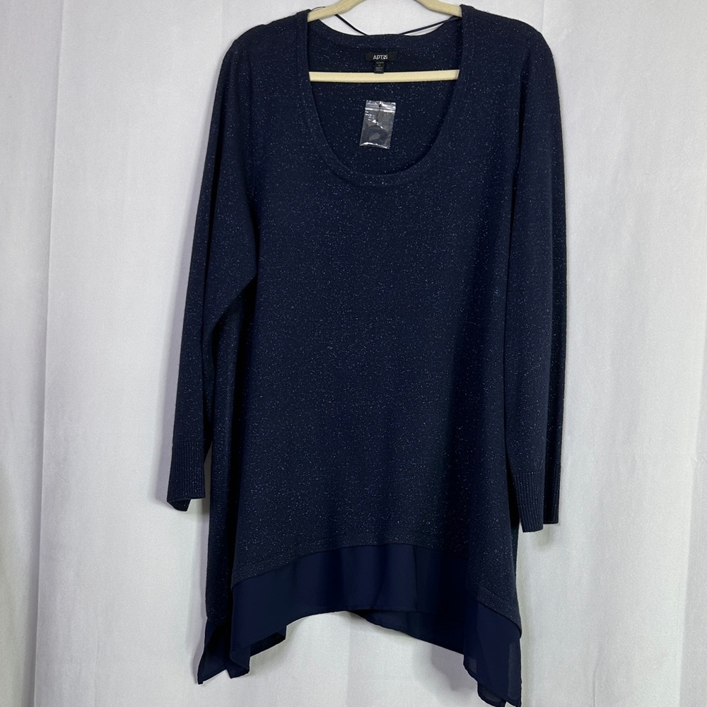 Apt 9 Navy Blue Long Sleeve Sheer Bottom Blue Metallic Sparkle Top